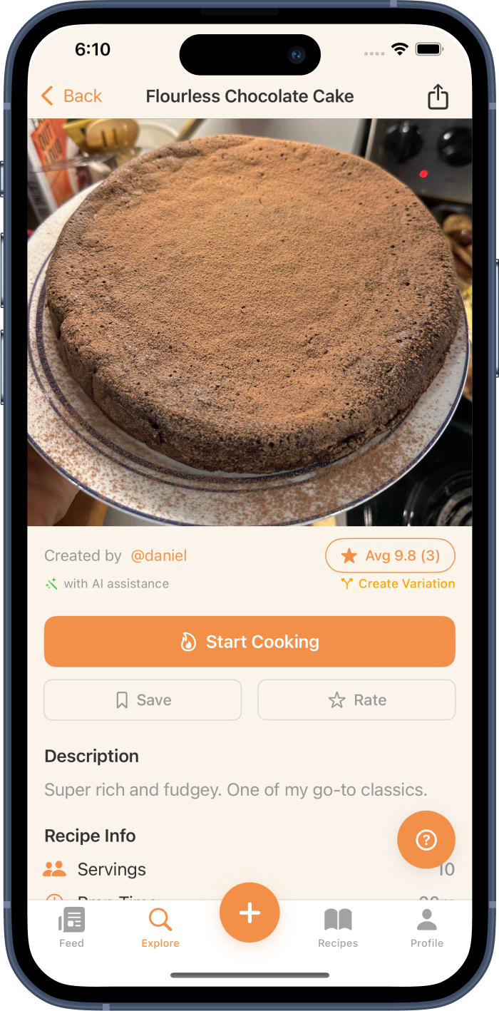 Recipe detail view of a chocolate cake